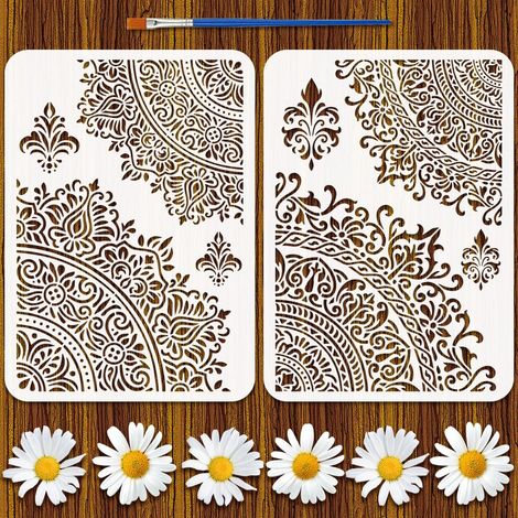 2Pcs Pochoir de Peinture Mandala Corners Avec Pinceau en Plastique 21x29.7cm Motif Floral Modèle Épaissi Bordure Décorative Pochoir Thème Quotidien Modèle pour Peinture sur Meubles (1/5)