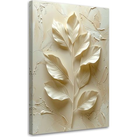 Quadro su tela, Foglie ornamentali bianche in una composizione 3D minimalista. - 80x120 (1/2)