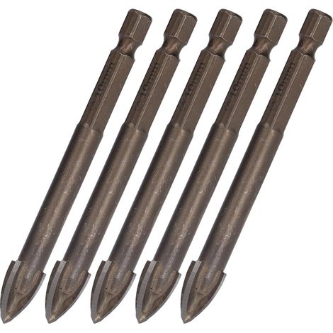 5-teiliges Kreuzbohrer-Set, 1/4 Zoll Sechskantschaft, für Fliesen, Glas, Keramik und Beton, Lochöffner aus Hartmetall, 10 mm (1/5)