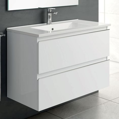 Meuble sous vasque seul, 2 tiroirs, 80cm, pour simple vasque - blanc laqué - BALEA