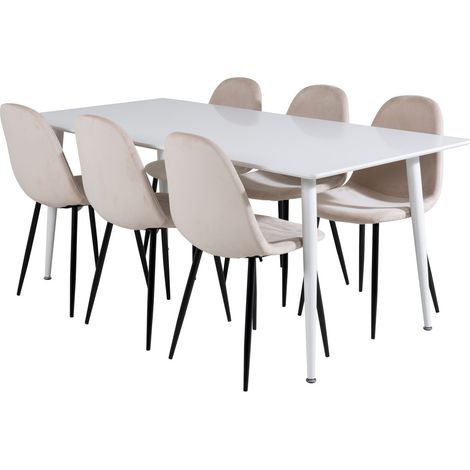 Polar180X90WHWH ensemble table, table blanc et 6 Polar chaises Velours beige. (1/5)