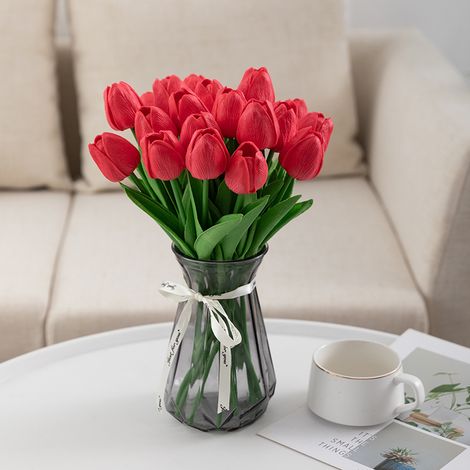 Lot de 10 tulipes artificielles rouges, fleurs artificielles, floraison tardive-AquaForge (1/5)