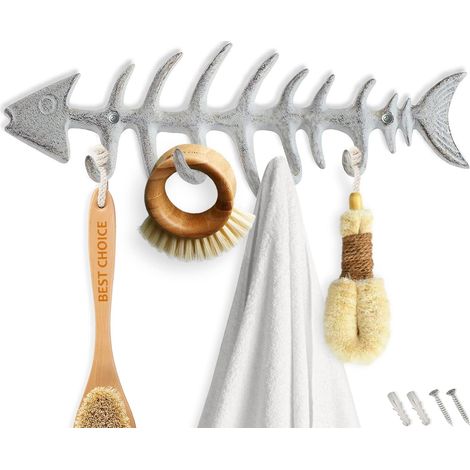 Porte-serviettes mural décoratif en os de poisson de Porte- manteau élégant en fonte avec 4 crochets «poisson» - Comprend des vis et des chevilles - Rustique Blanc (1/5)