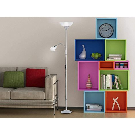LED Deckenfluter Silber mit flexibler Leselampe, Höhe 180cm (1/5)