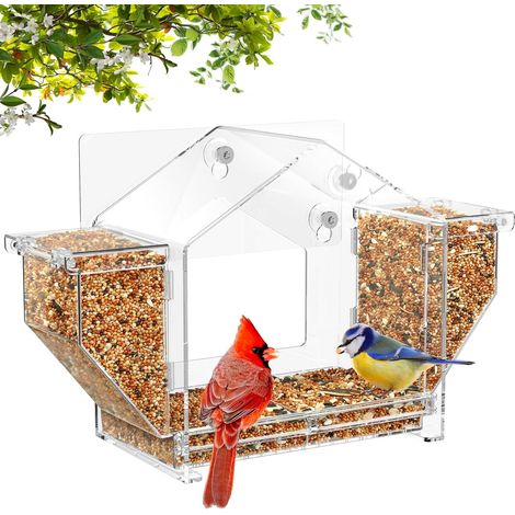 Mangeoire transparente pour oiseaux de 17,3 cm avec fenêtre – Valve à forte aspiration et adhésif – Résistante aux écureuils et dotée d'un grand espace de stockage pour les aliments (1/5)