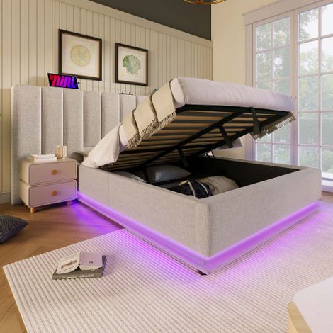 Lit rembourré 160×200, lit de rangement double avec LED App Control et fonction de charge USB-C, cadre de lit avec grille à lait, linge, beige, sans matelas et table de nuit (1/5)