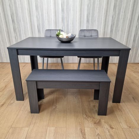 Dining Table and 2 Chairs With Bench  Black Dark Grey Velvet Chairs Wood Dining Set Furniture (1/5)