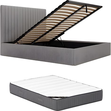 Letto con vano 160 x 200 cm con testata letto impunture verticali Velluto a coste Grigio + Materasso SARAH (1/5)
