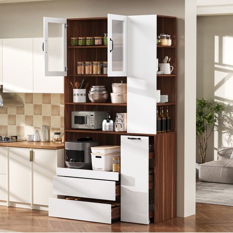 Credenza da cucina alta 100x40x200 cm con ripiano scorrevole, cassetti e ante in vetro scanalato, MDF bianco e noce (1/5)