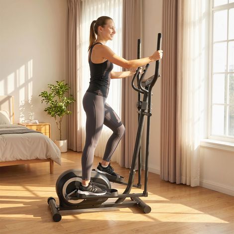 Vélo elliptique, écran LCD, 8 niveaux de résistance, capteur de fréquence cardiaque, Bluetooth, support pour téléphone portable, 100 x 52 x 153 cm, gris (1/5)