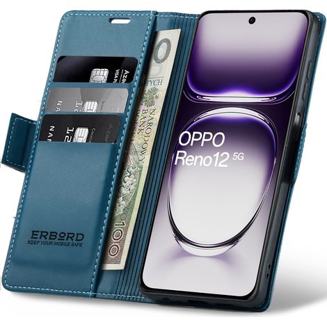 Étui pour Oppo Reno 12, Litchi brillant, Étui portefeuille à rabat, Bleu (1/5)