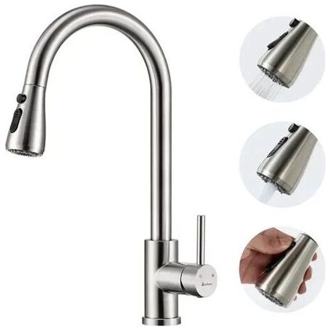 Mitigeur Cuisine Brossé Rotatif à 360° Robinet de Cuisine avec Douchette Extractible en Acier Inox Robinetterie Cuisine d'Évier avec 3 Modes (1/5)
