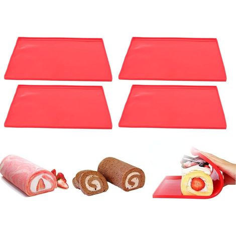 4 x Silicone Baking Moulds, Baking Mats with Edges, Genoise Non-Stick Rolled Cake Plate Silicone Baking Mat Multi-Function Biscuit Baking Tray (1/5)