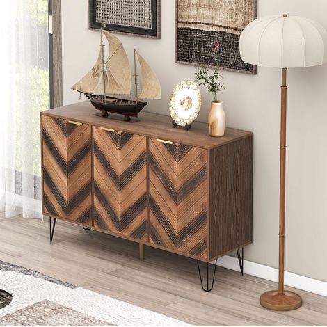 Credenza marrone da soggiorno con 3 ante e vano portaoggetti, design effetto concavo e convesso, mobile contenitore (1/5)
