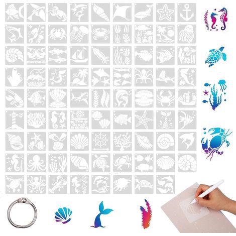 80 Pièces Set Pochoir Animaux, Pochoir Réutilisable pour Peinture Enfants, 7,6x7,6cm Stencil à Peindre, DIY Pochoir Dessin pour Album et Cadeau, Animaux Marins (1/5)