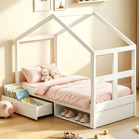 Lit en bois 90×190 cm,avec tiroirs et petite armoire à chaussures,éclairage LED multicolore,base à lattes,lit simple,lit jeunesse,blanc
