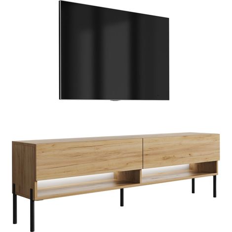 Meuble TV 100 cm Blanc Mat, pieds obliques noirs, LED blanche, 100 × 32 × 52 cm (1/5)