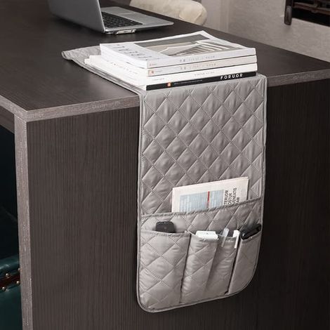 Porte-télécommandes en tissu - Pochette de rangement murale pour télécommandes TV et climatiseur - Organisateur d'accoudoir de canapé pour magazines et livres Gris