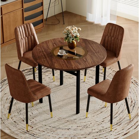 Conjunto mesa redonda 100 cm MDF efecto madera marrón y 4 sillas – MEUBLIV (1/5)