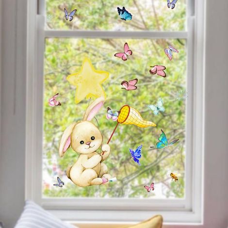 Décor fenêtre adhésif - 1 magnifique lapin attrapant papillon, film statique anti-collision oiseaux, sticker vitre décoratif, protection aviaire, 1 pièce (1/5)