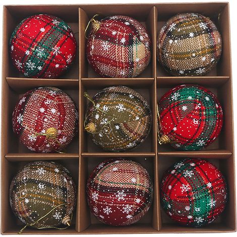 Boule De Décoration De Noël - Tissu Tartan Et Toile De Jute - Pour Arbre De Noël Mur Table Cheminée - Lot De 9 Pièces