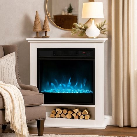 Cheminée Électrique 1800W Murale Encastrable, Thermostat, Télécommande & Minuterie, Blanche