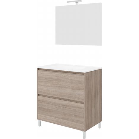 Mobile bagno a terra 80 cm in legno rovere fumo con lavabo e specchio - Francia - Con colonna specchio e lampada LED
