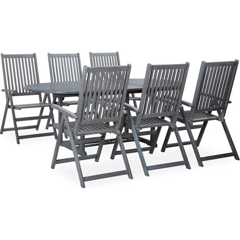 Ensemble repas de jardin 7 pièces en bois d’acacia massif gris avec table extensible et 6 chaises pliables réglables (1/5)