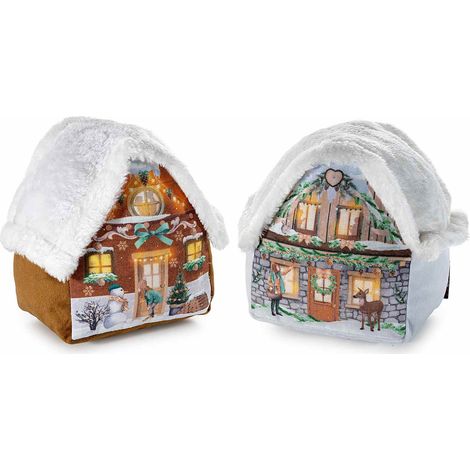 Fermaporta natalizio a forma di casetta in morbida stoffa con tetto effetto finto pelo e stampa colorata, set da 4 pezzi, cm 16 x 12 x 18 H