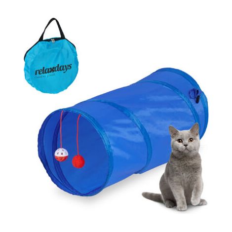 Relaxdays Tunnel pliable pour chat, LxD : env. 48x26 cm, avec jouets et sac de transport, jouet interactif, bleu