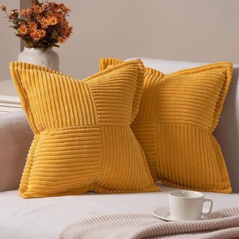 Housse Coussin 45x45 Enfant Jaune Moutarde Motif à Rayures Croisés Housses de Coussin Lot de 2 (1/5)