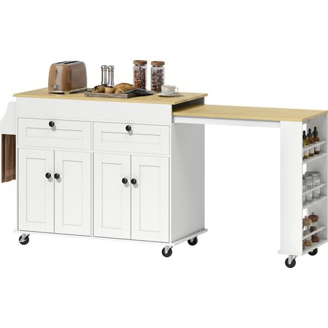 Îlot de cuisine - HOMCOM - plateau extensible sur roulettes - 2 tiroirs, 4 portes - bois - 127,2-189,2 x 50 x 87,8 cm - blanc