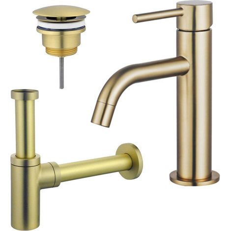 Fortifura Calvi Slim Kit mitigeur lavabo - robinet bas - bonde nonobturable - siphon design - PVD Laiton brossé