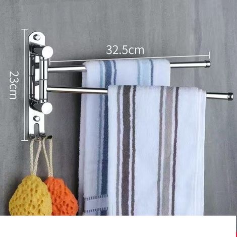 Porte-serviettes de salle de bain (argent), porte-serviettes mural avec 2 barres, rotatif à 180°, acier inoxydable (1/5)