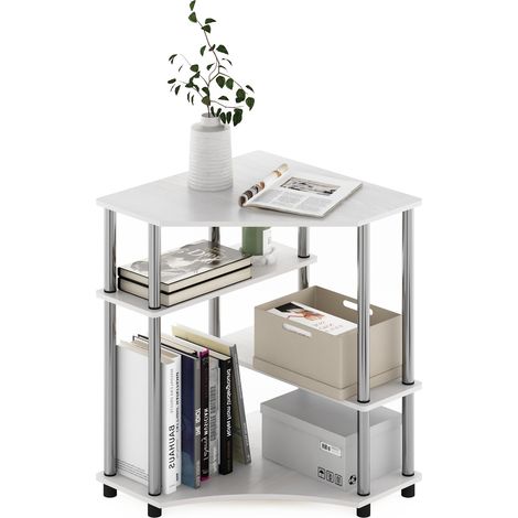 Bureau d'angle Peu Encombrant avec Étagère, Chêne Blanc/Acier Inoxydable (1/5)