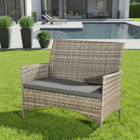 Panca da giardino Polyrattan grigio con imbottitura dei sedili Panca in rattan Coprisedile