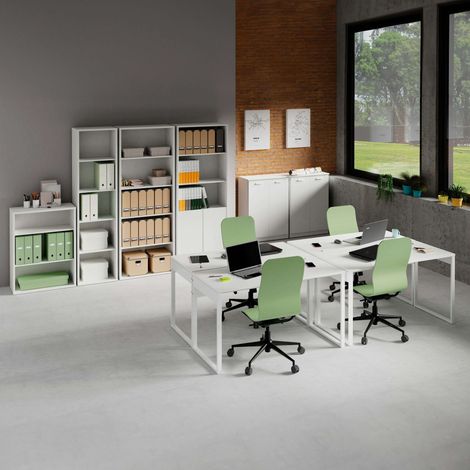 Pack Muebles Oficina 4 Escritorios y Estanterías Despacho Trabajo Estilo Moderno Color Blanco (1/5)
