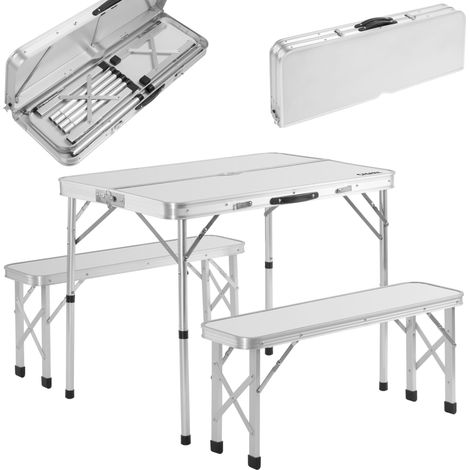CASARIA® 3pc Lightweight Folding Picnic Table and Bench Set Portable Weatherproof Height Adjustable Camping Table with Benches Foldable 4 Person Garden Dining Group 90x60cm White (1/5)
