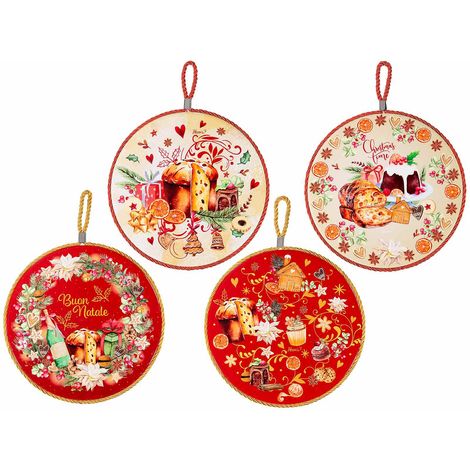Dessous de plat de Noël en céramique brillante avec base en liège à suspendre, décor friandises, lot de 8, diam. 21 cm
