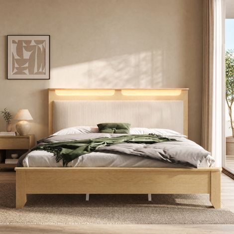 lit coffre 140x200 LED bois beige avec rangement HAVRYA (1/5)