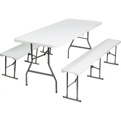 Juego de mesa 2 bancos plegables de plástico blanco para jardín, camping, bar