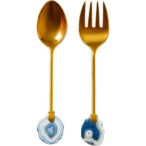 Couverts à Salade de Service en Acier et Pierre Agate Bleue Dorés 30 x 6 x 1 cm - PANGIVO (1/4)