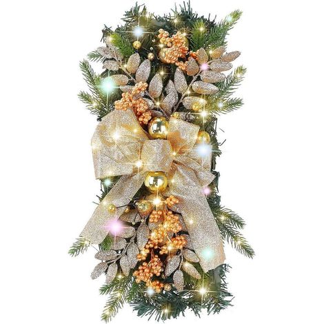 Beleuchteter Weihnachtskranz mit künstlichen Blättern und Beeren, beleuchteter Weihnachtskranz für den Außenbereich, batteriebetrieben, für die Haustür (Gold) (1/5)