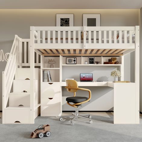 Lit superposé cabane enfant 2 couchages 90x200 cm avec escalier de rangement, fenêtre, garde-corps, espace jeu, pin massif et MDF, blanc (1/5)