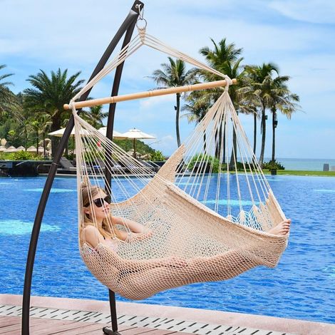 Silla columpio hecha a mano Hamaca Ropa de jardín + Barra de madera Hamaca Silla colgante Carga 150 kg (Red beige) (1/4)