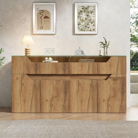 Lowboard Wohnzimmer, 140x40x70 cm, Kommode mit vernetzter LED-Beleuchtung, gehärtete Glasplatte und MDF in Holzoptik, 2 Schubladen, Natur (1/5)