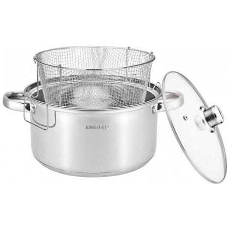 Marmite inox 5,5 L avec panier à friture – Fond multicouche pour chaleur rapide – Couvercle en verre – Ø24x13,5cm