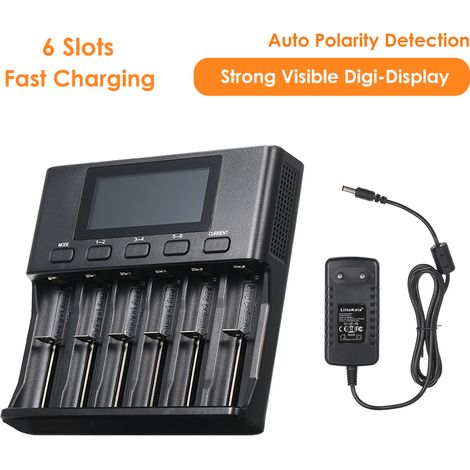 LiitoKala Lii-S6 chargeur de piles intelligent 6 emplacements kit avec adaptateur 12V 3A pour batteries rechargeables 3.7V Li-Ion 3.8V IMR 1.2V Ni-MH/Ni-Cd 3.2V LiFePO4 écran LCD (1/5)