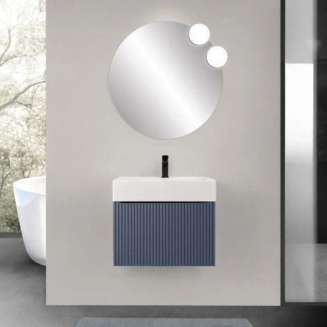 Mobile bagno sospeso 80 cm blu notte con un cassetto e lavabo alto in resina Nara (1/5)