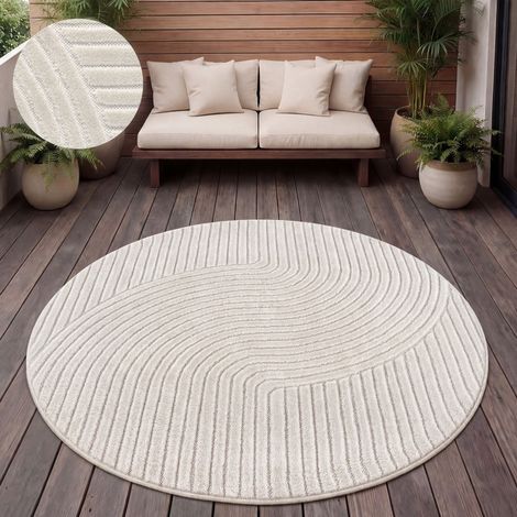 Paco Home Outdoor Teppich Wetterfest Balkon Wohnzimmer Skandinavisches Boho Einfarbig 120 cm Rund, Creme 2